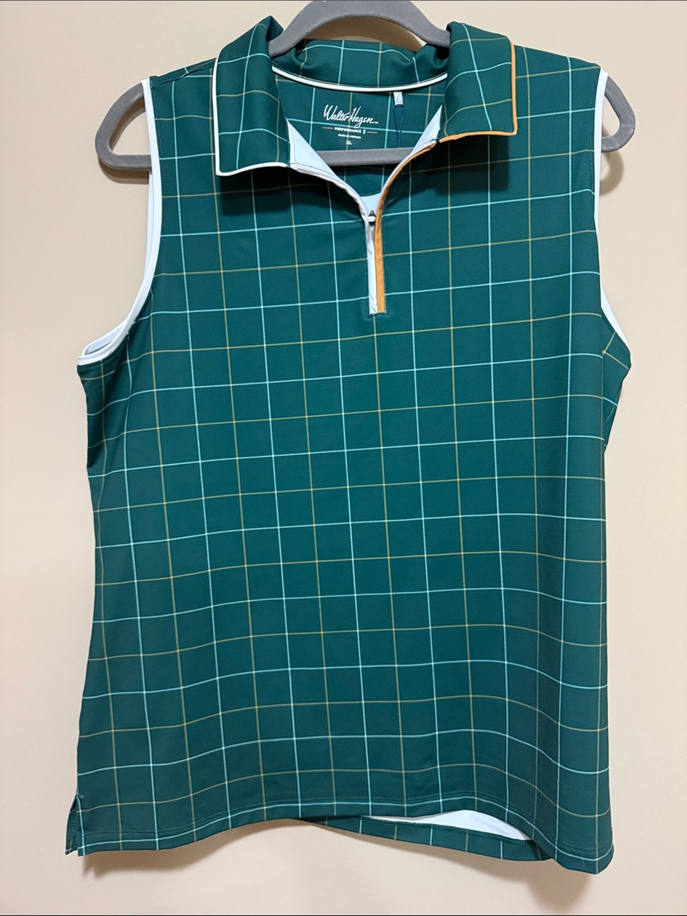 Walter Hagen Green Plaid Sleeveless Polo with White Trim